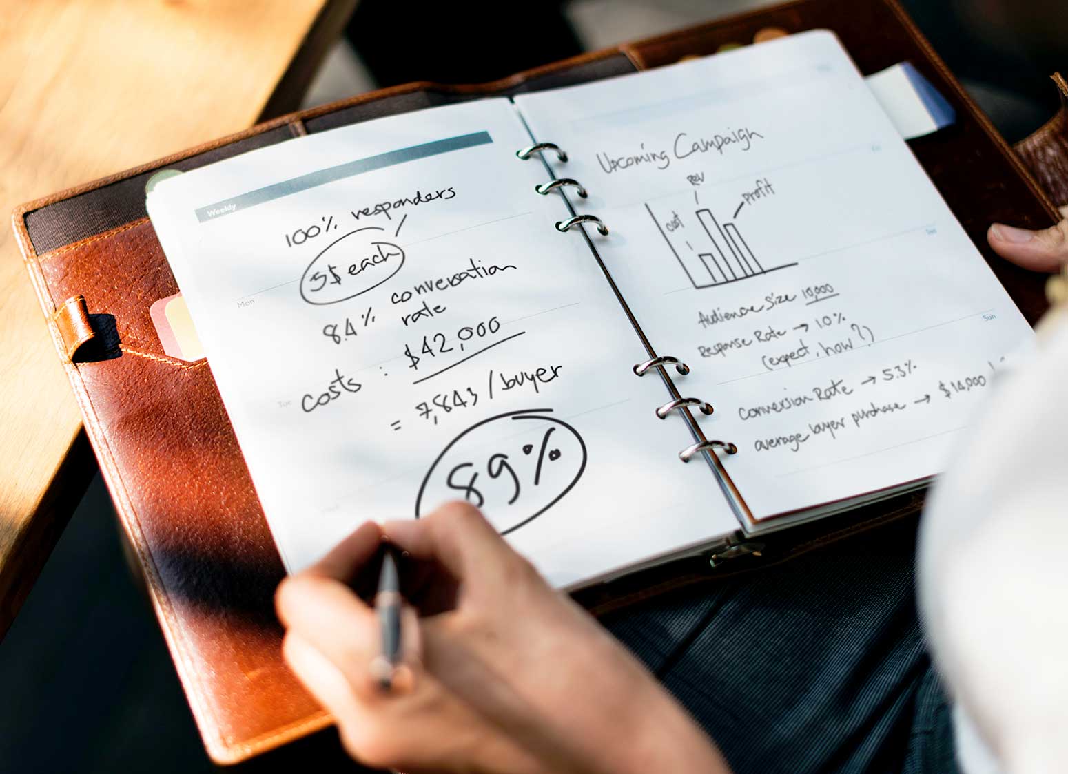 woman taking marketing profit notes in agenda notebook